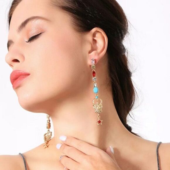 Blue Red Rhinestone Crystal Abstract Gold Dangle Statement Earrings - Picture 3 of 6